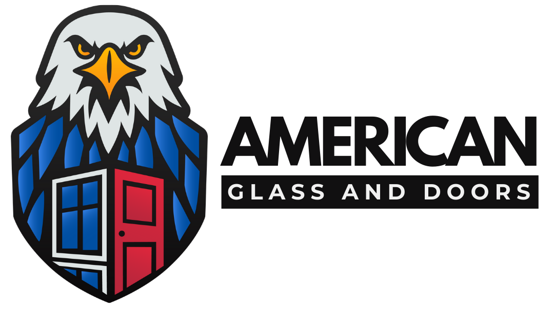 Elementor Header #58: Eagle logo with glass and door design for American Glass and Doors company | American Glass and Door