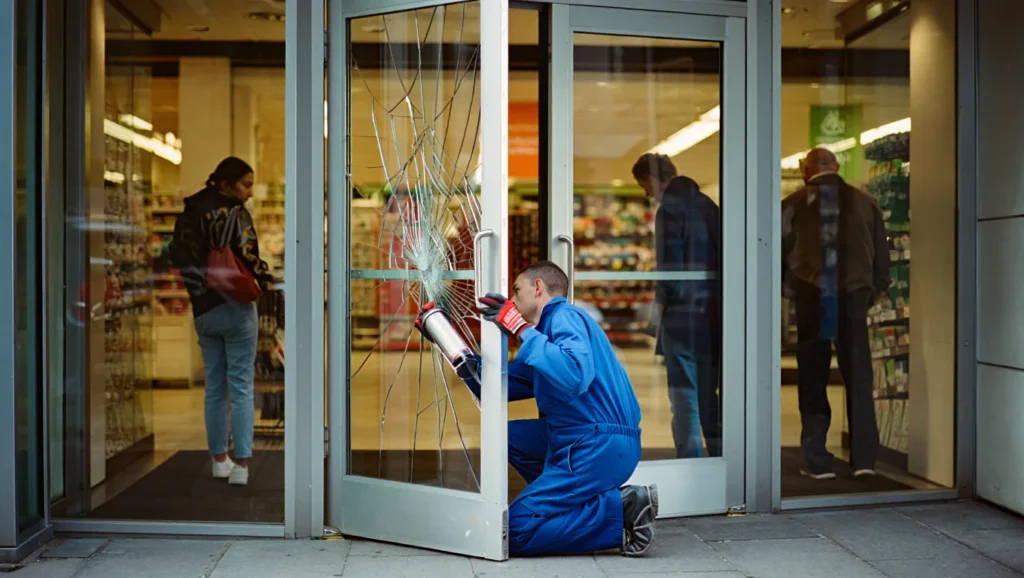 Commercial Door Repair Services in Washington DC: Technician fixing broken glass door | American Glass and Door