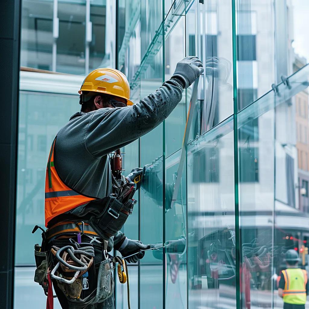 Commercial Glass Installation by worker on building. Glass and Door Services | American Glass and Door