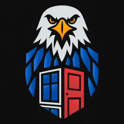Home logo featuring an eagle with a door and window design. Patriotic symbol for home services and construction projects | American Glass and Door