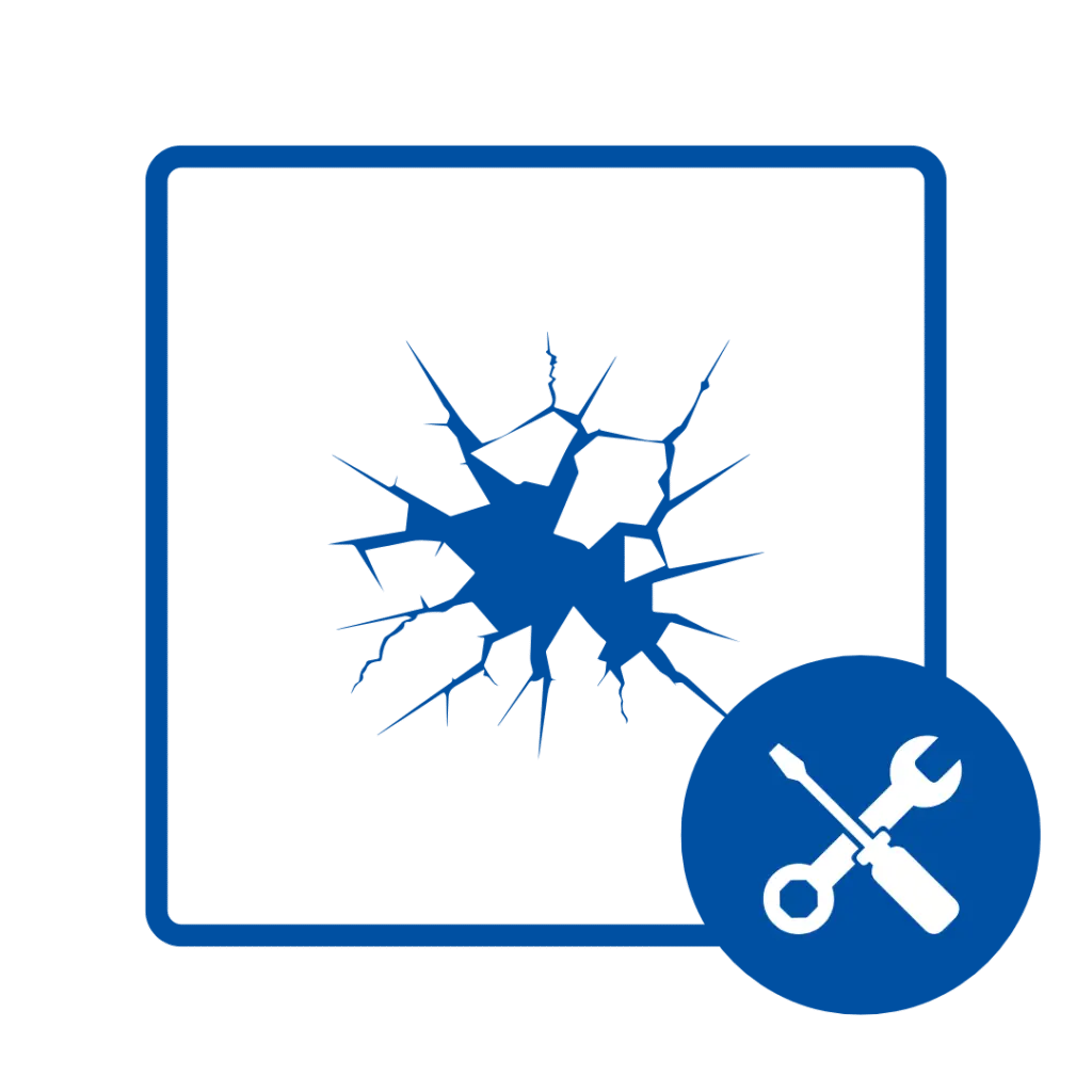 Icon of tools on a blue background representing window repair and installation services by American Glass and Door.