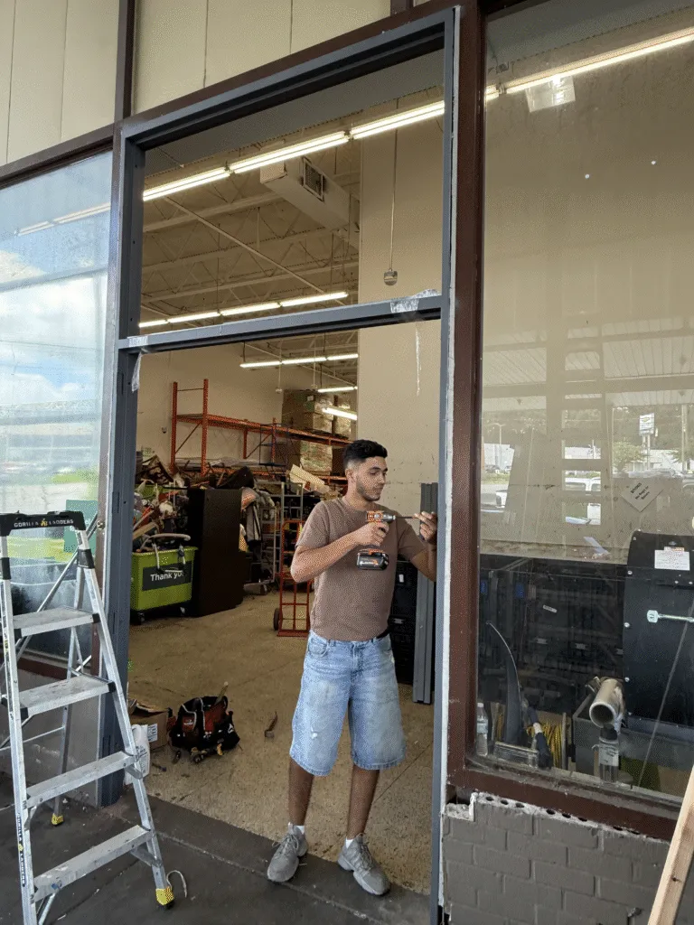 Technician carrying a large glass panel inside a shop fit-out