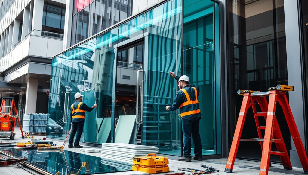 Workers installing new Storefront Glass on a commercial building. Glass panels and tools are visible. | American Glass and Door