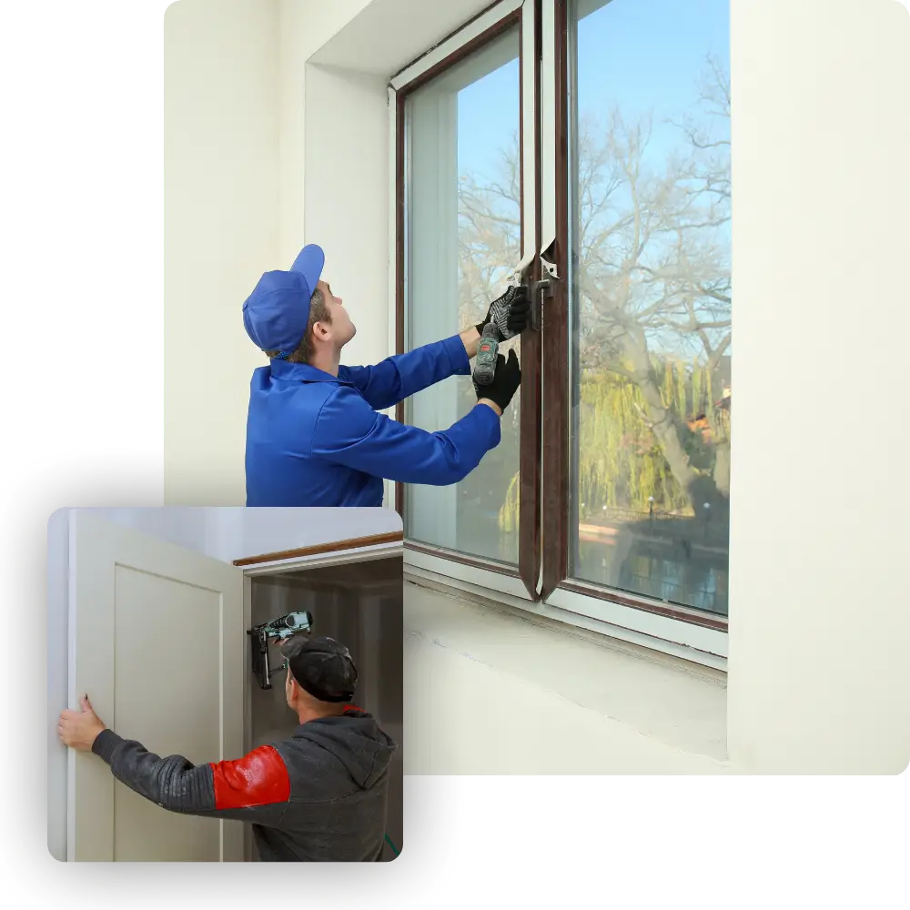 Home: Technician installing a window and door, showcasing home improvement and repair services. Home window and door installation | American Glass and Door
