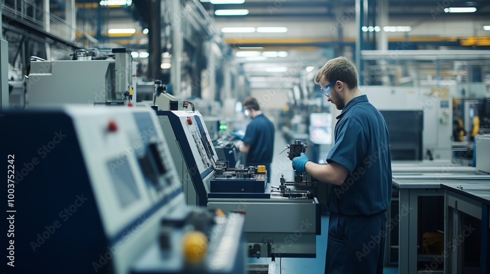 Skilled worker operating machinery in a modern manufacturing facility, emphasizing industrial production and safety in a high-tech environment.