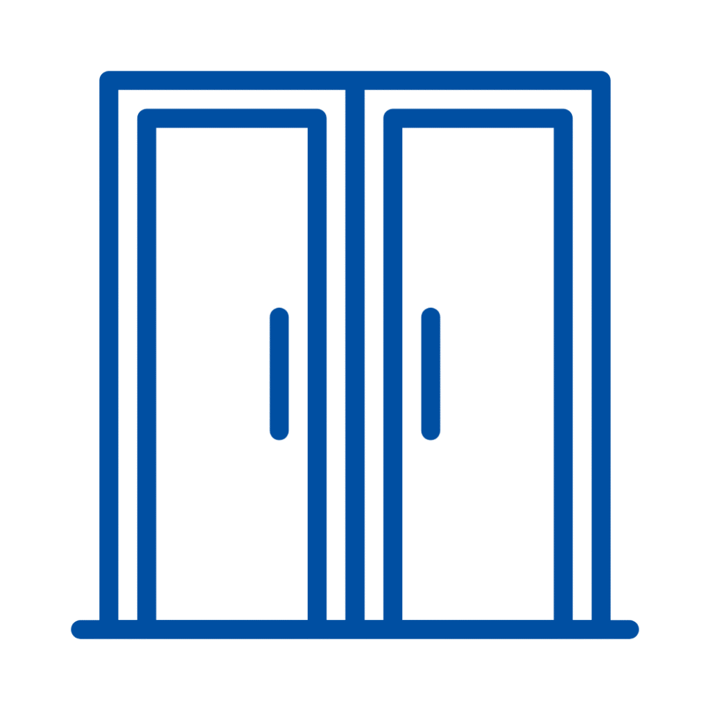 Blue icon of double doors for Commercial Door Installation services, business entry, and access solutions | American Glass and Door
