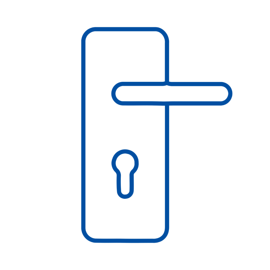 Blue outline of a door handle and keyhole representing Commercial Door Repair | American Glass and Door