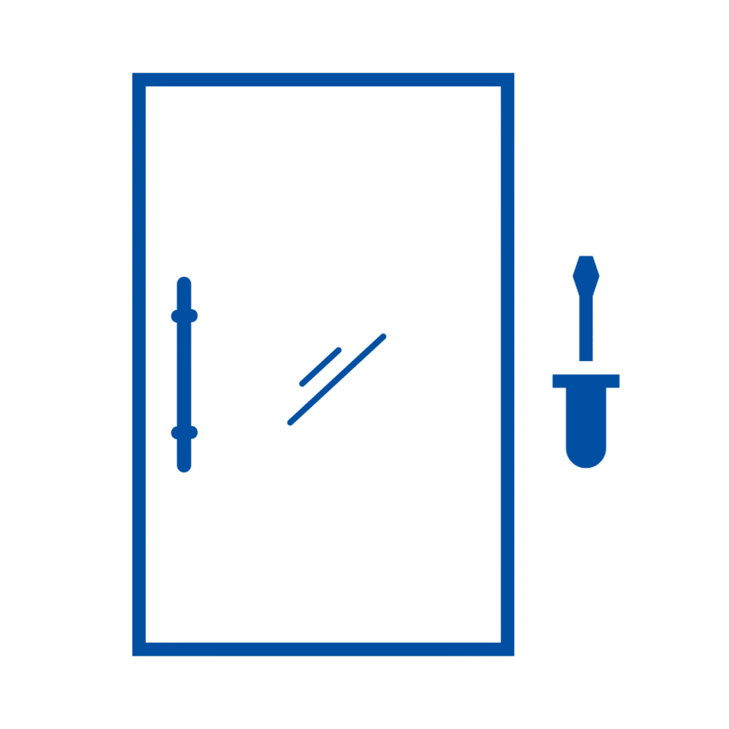 Emergency glass door services for commercial properties, featuring a blue background with a graphic representation of a glass door, emphasizing quick response and repair solutions.
