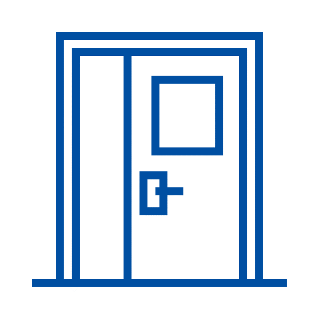 Blue line art icon of a door with a window and handle, representing Frameless & Hercules Doors | American Glass and Door.