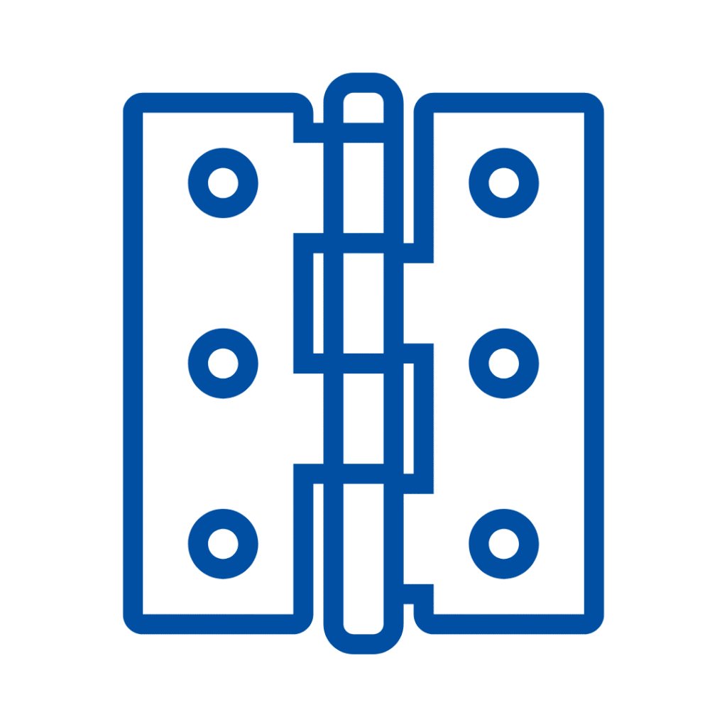 Frameless door hinge icon. Hardware for Hercules doors. Blue outline on gray background. | American Glass and Door