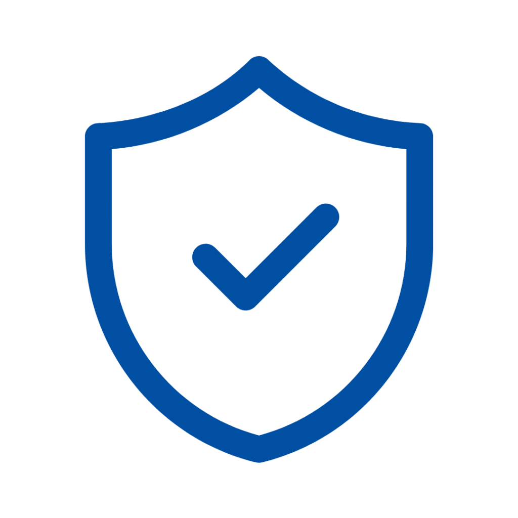 Blue shield icon with checkmark for Safety & Bullet-Resistant Glass solutions. Security assurance symbol | American Glass and Door
