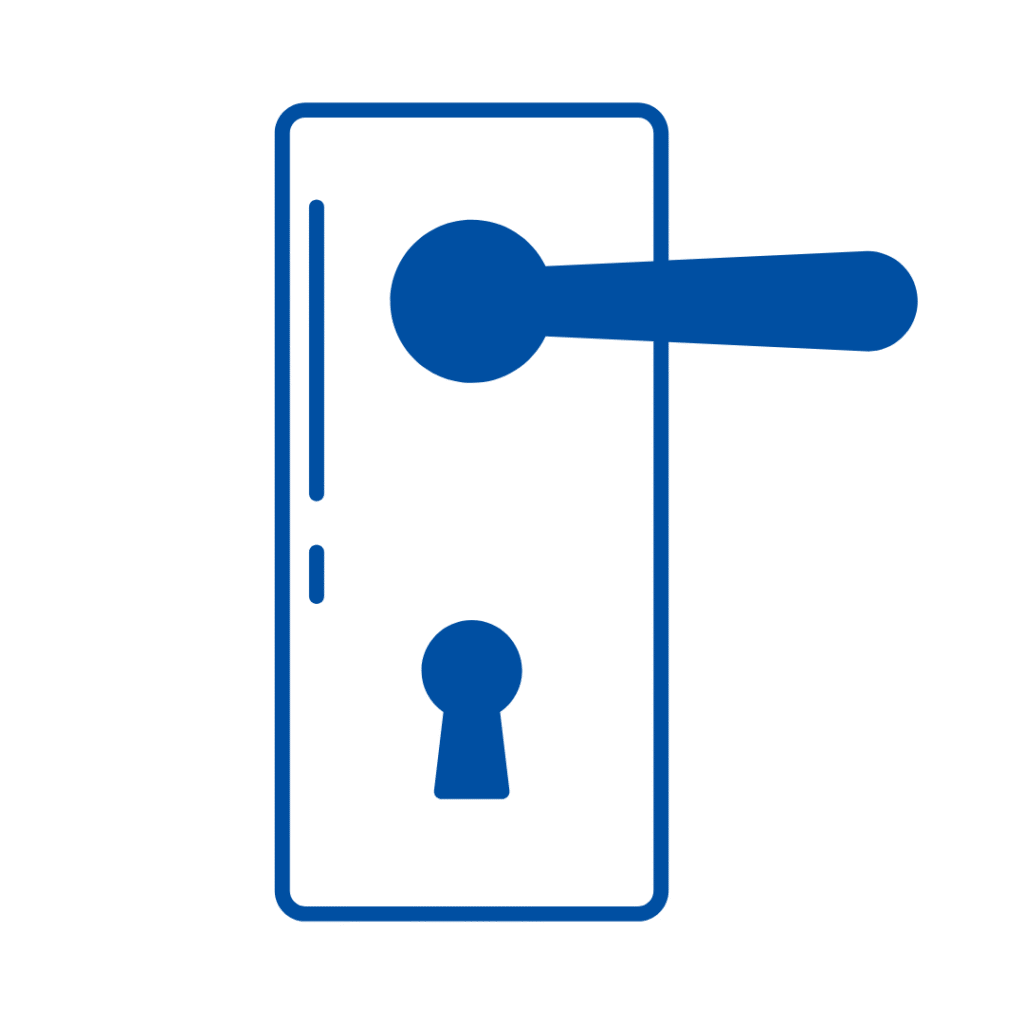 Frameless Door icon with handle and keyhole in blue. Hercules Doors concept for security and access control solutions | American Glass and Door