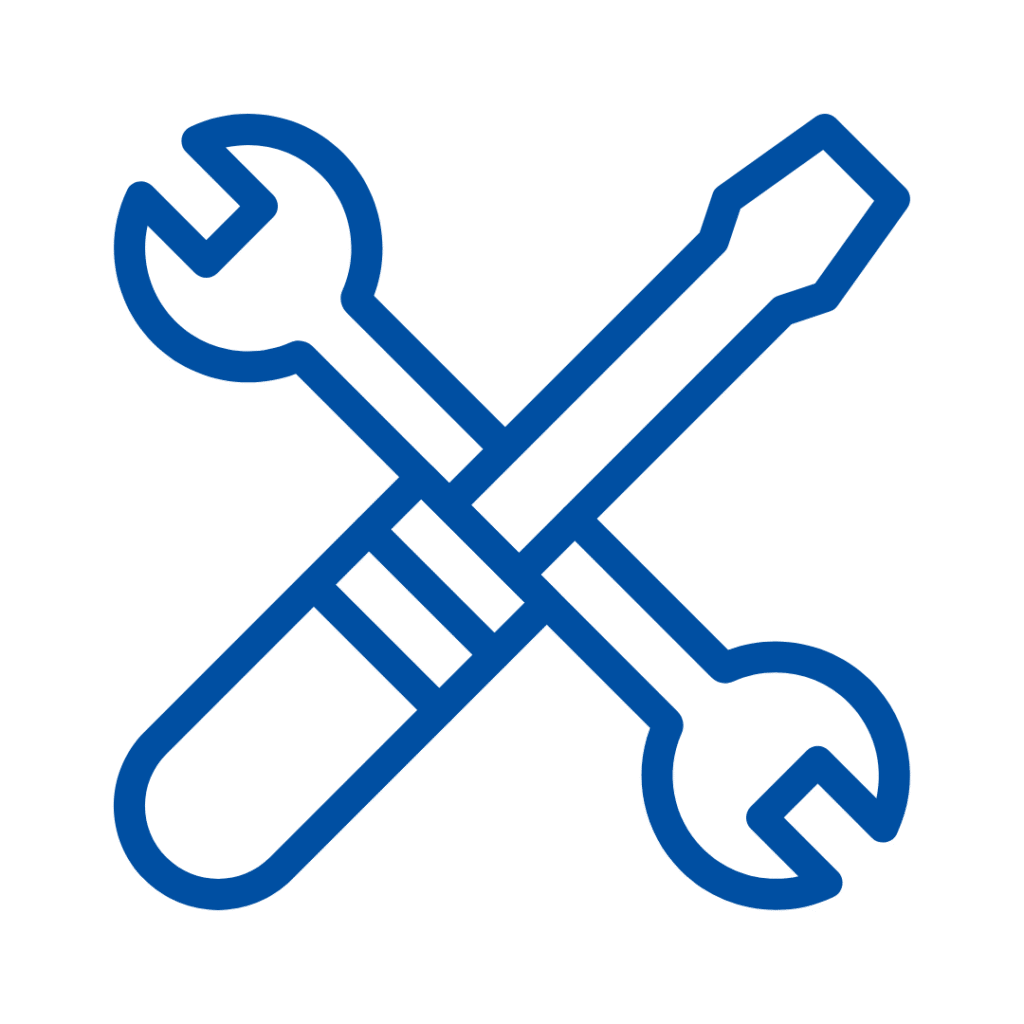 Blue icon of crossed wrench and screwdriver, representing Skylight Glass repair and installation services | American Glass and Door