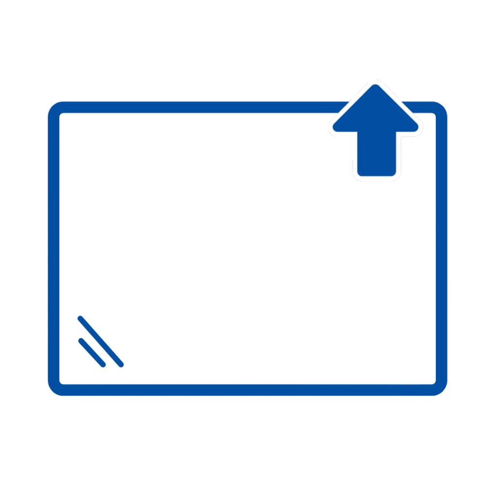 Illustration of a Skylight Glass replacement with an arrow pointing upwards, blue on gray background | American Glass and Door