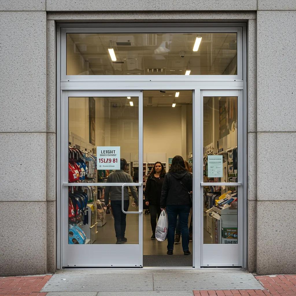 An aluminum commercial door at a storefront, featuring customers and highlighting its lightweight and corrosion-resistant qualities.