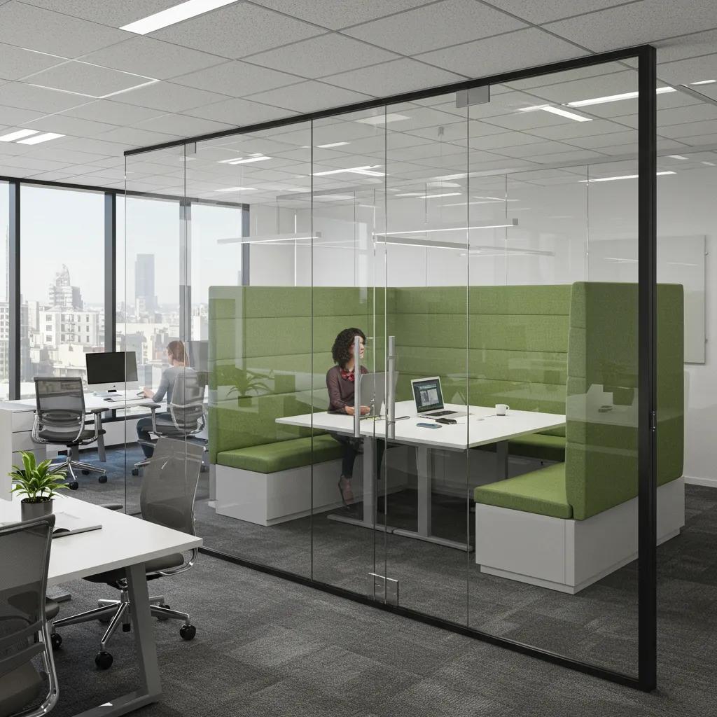 Flexible office layout featuring movable glass dividers for adaptable workspaces