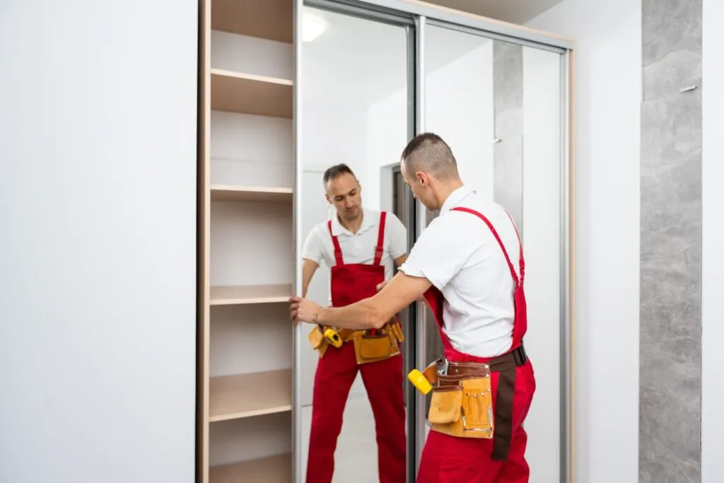 Two fitters in work overalls easing a tall glazed panel into its frame
