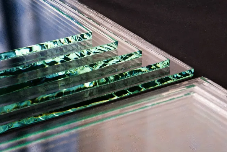 Sheets of clear glass stacked on edge, the green cut edges catching the light
