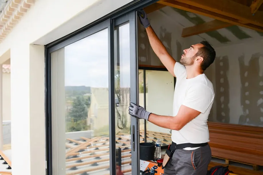 An installer reaching up to set a large clear glazed unit into a wide opening