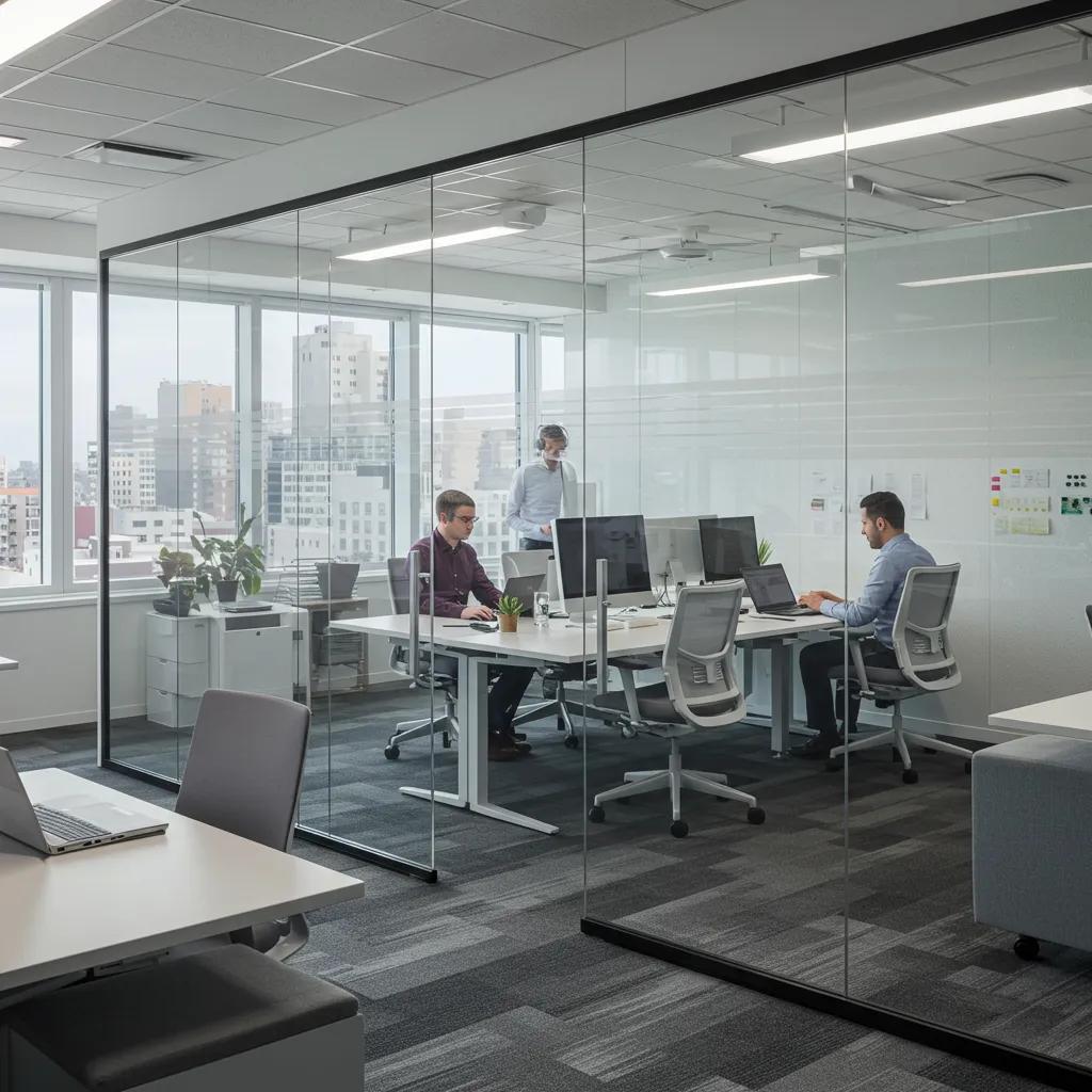 Office space with acoustic glass partitions offering sound control and visual openness