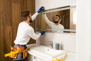 A fitter steadying a large glass panel against the wall it is being set into