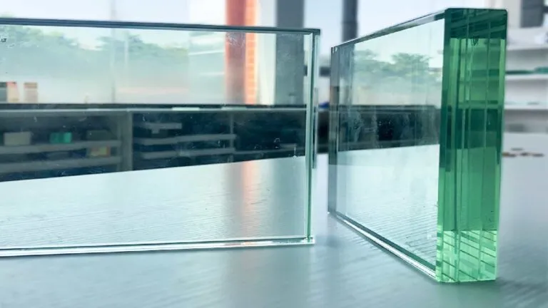 Thick laminated glass panels standing on edge, the green interlayer visible at the cut edge