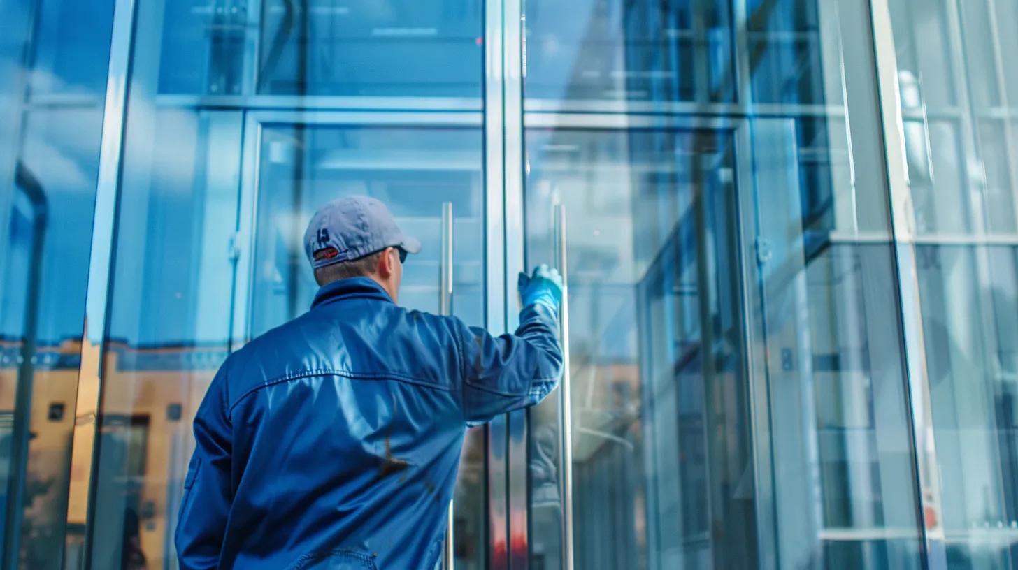 contractor repairing a commercial glass door or storefront glass