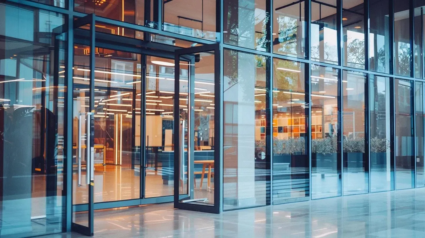 contractor repairing a commercial glass door or storefront glass