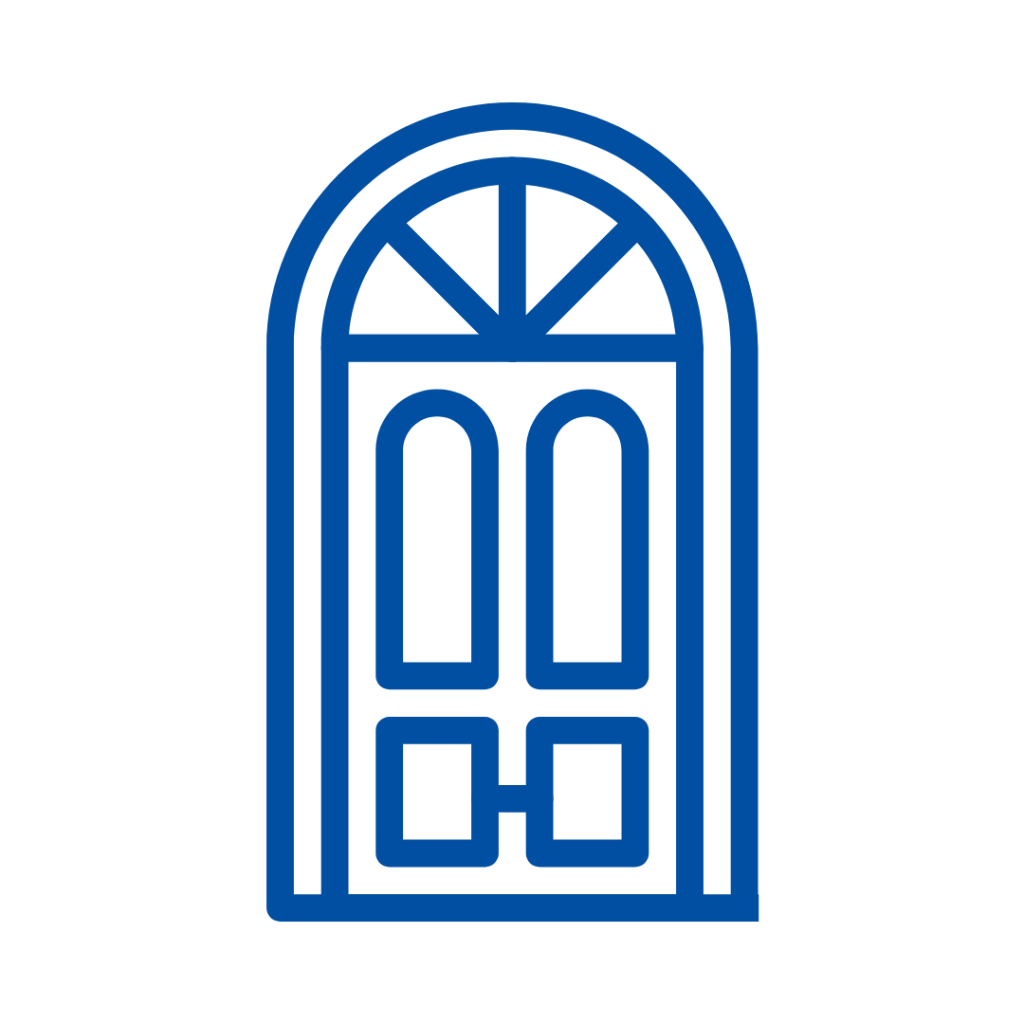 Blue line art icon of a commercial door, symbolizing access and entry, ideal for commercial door replacement services | American Glass and Door