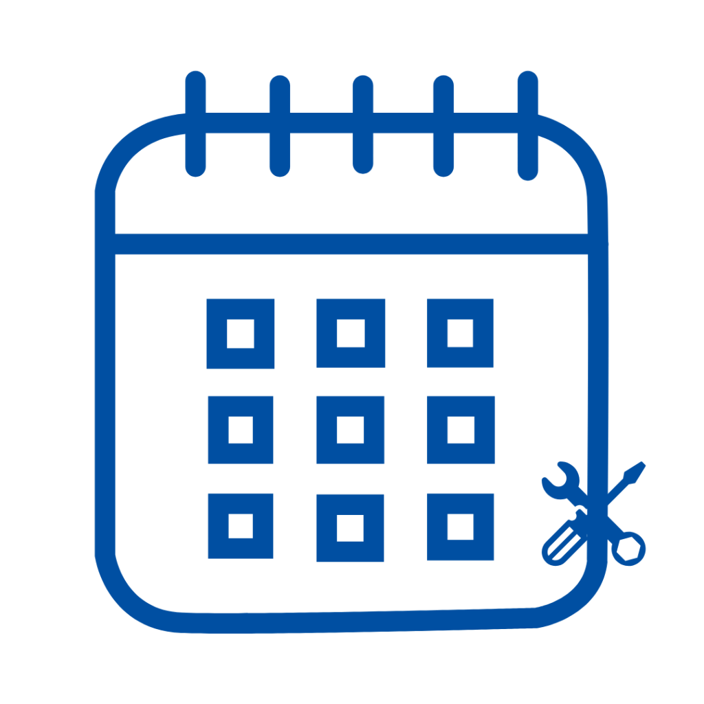 Schedule your Commercial Window Replacement. Blue calendar icon with tools indicating repair or install services | American Glass and Door