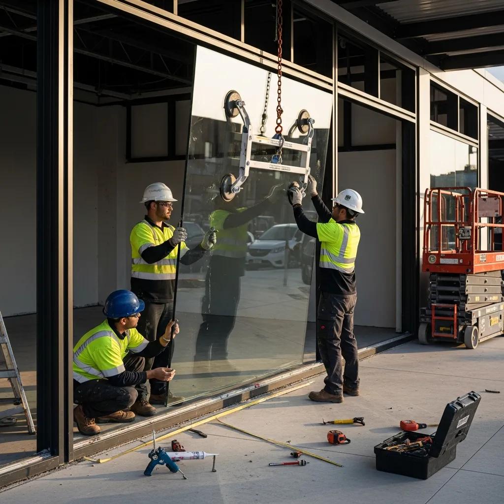 Professional commercial glass installation in a modern storefront