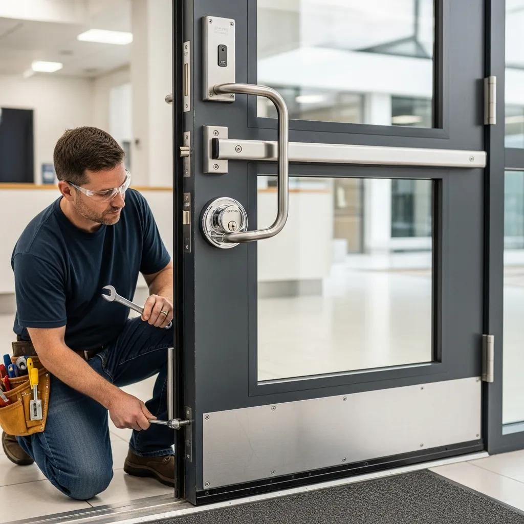 Technician adjusting commercial door hardware, focusing on hinges and locks