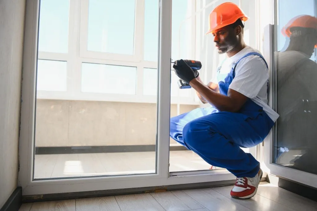 A large sliding glass patio door being adjusted in a bright room