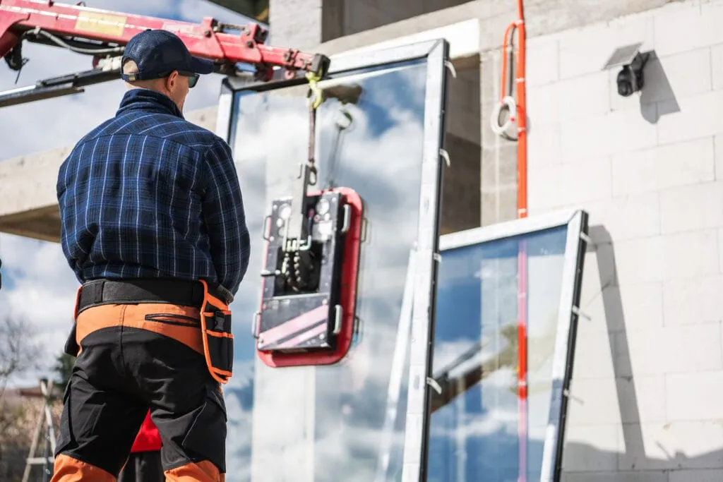 A glazier using a vacuum lifter to set a large pane of glass