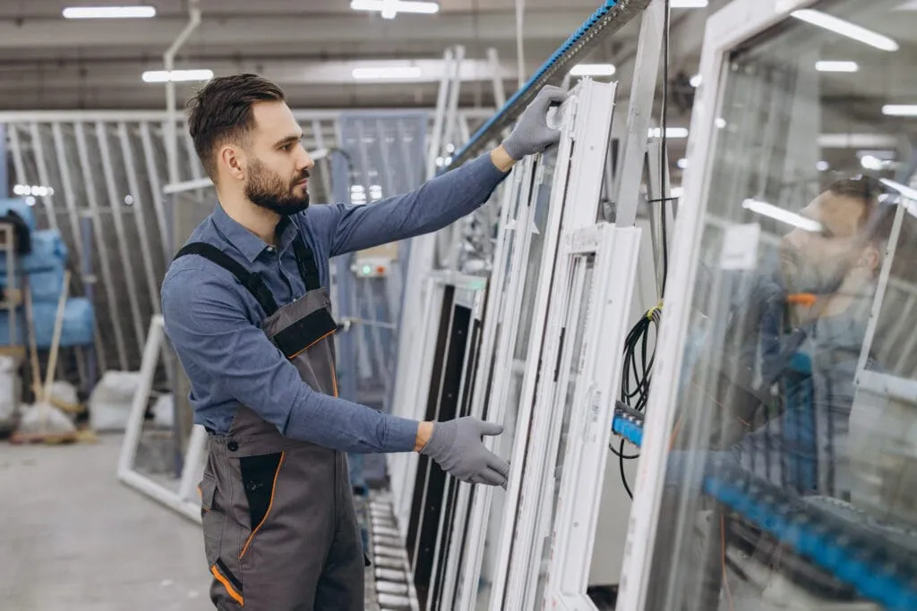 A glazier checking aluminium and glass window units before they go out to site