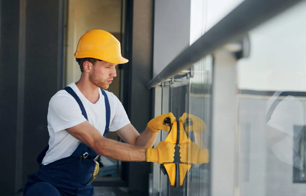 A technician servicing glass panels on a commercial building
