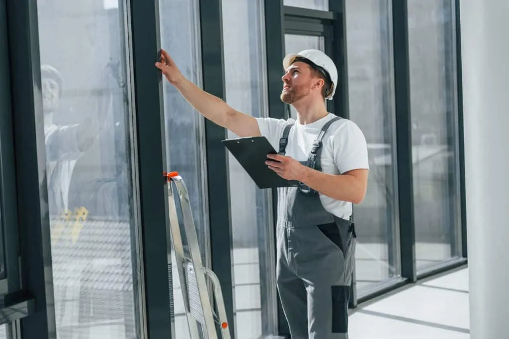 A specifier checking glazing on a commercial glass facade against a spec sheet