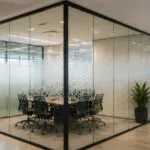 Modern glass partitions create privacy in an office while maintaining natural light flow | American Glass and Door